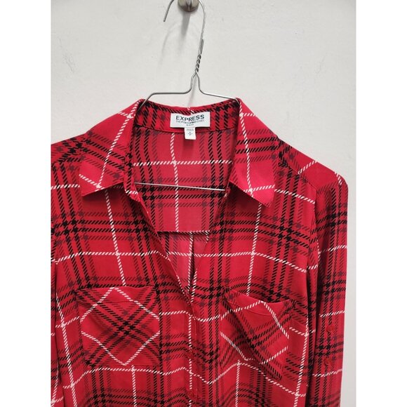 Express Womens Portofino Shirt Small Red Plaid Button Up Slim Fit Long Sleeve - Picture 5 of 7